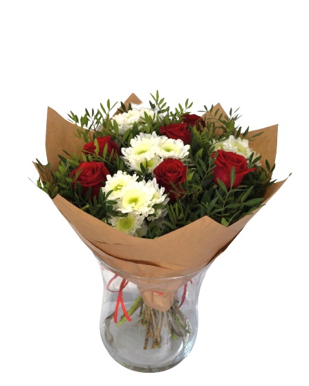Bouquet of Red Roses and White Chrysanthemums or carnations "I miss you"
